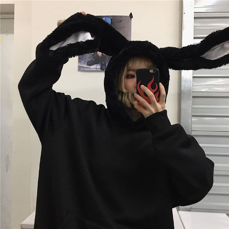 image-Real shot Korean ins kawaii rabbit fur hooded plus velvet loose black sweater