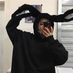 image-Real shot Korean ins kawaii rabbit fur hooded plus velvet loose black sweater