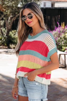 image-Green Stripe Color Block Hollow Out Knit Short Sleeve Sweater
