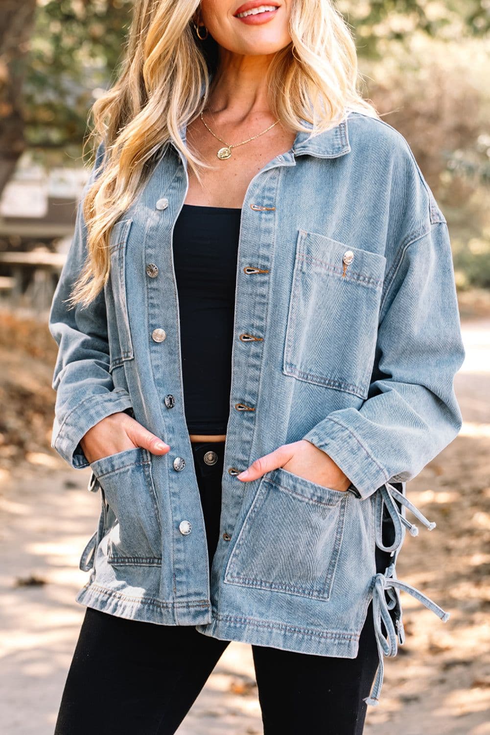 image-Beau Blue Patched Boyfriend Denim Jacket - Side Tie