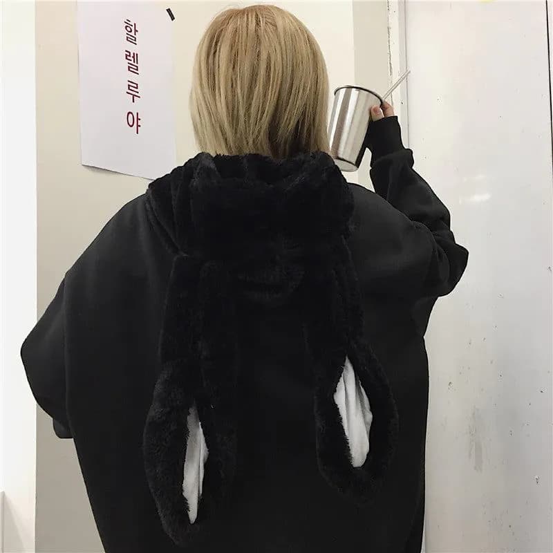 image-Real shot Korean ins kawaii rabbit fur hooded plus velvet loose black sweater