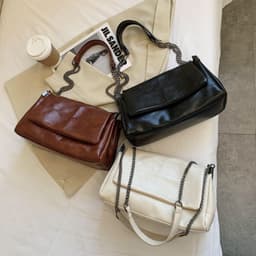 image-PU Leather Small Square Shoulder Bag - Beige Chain