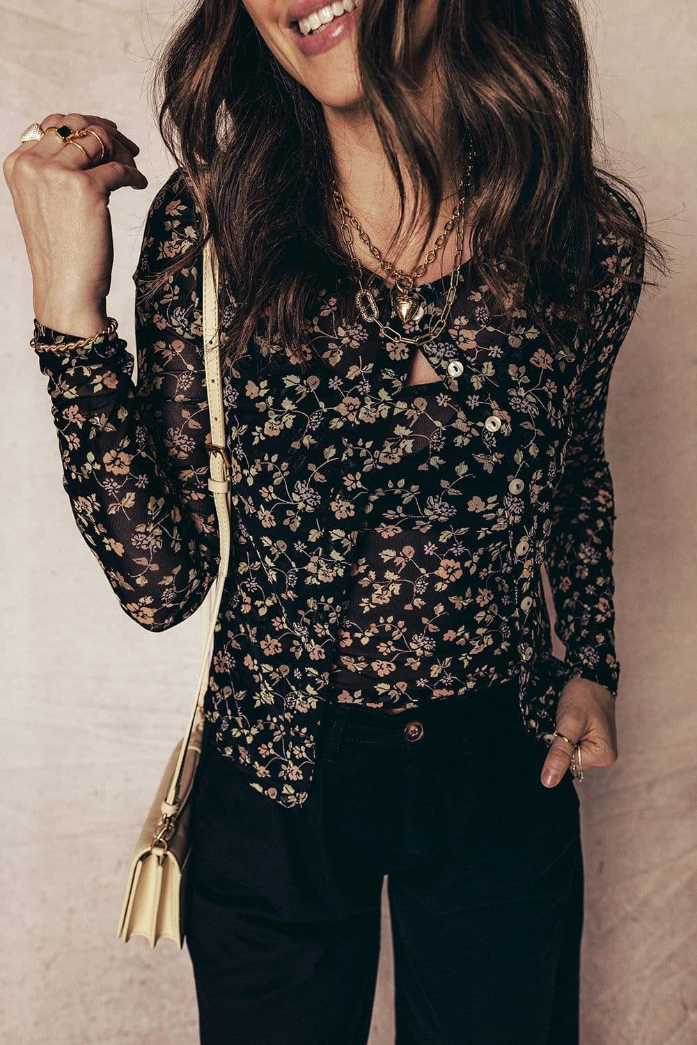 image-Black Floral Print Mesh Tank Button Front Slim Cardigan 2pcs Set