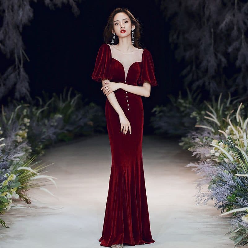 image-Evening Burgundy Fishtail Skirt 2023 Long Wedding Dress