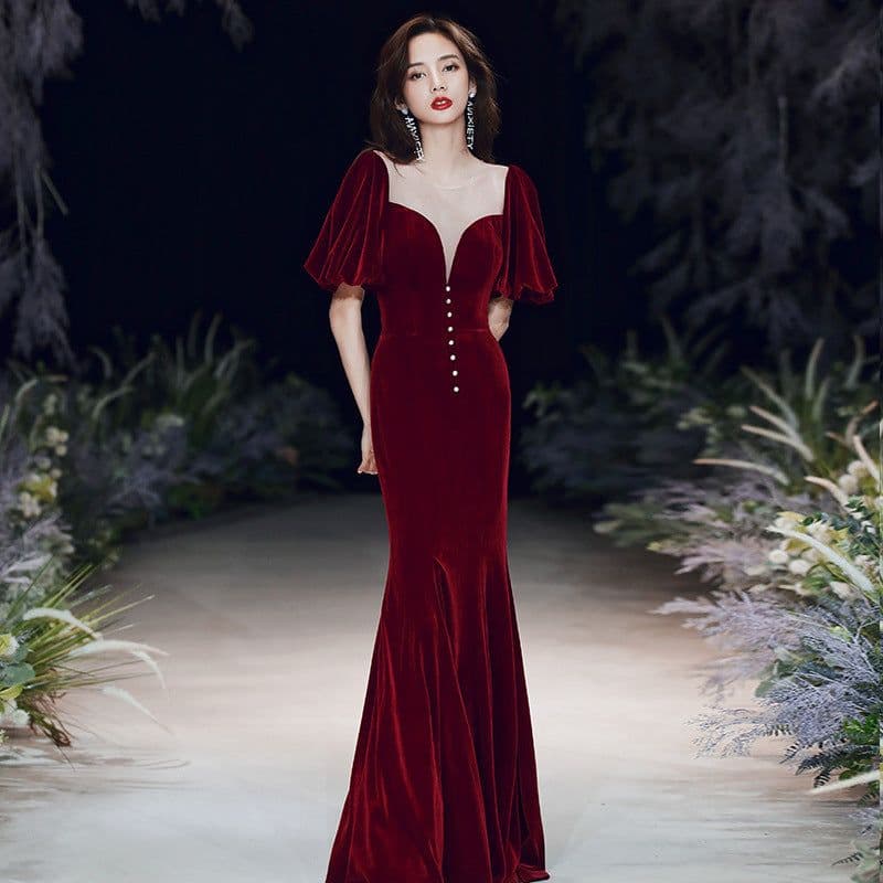 image-Evening Burgundy Fishtail Skirt 2023 Long Wedding Dress
