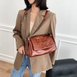 image-PU Leather Small Square Shoulder Bag - Beige Chain