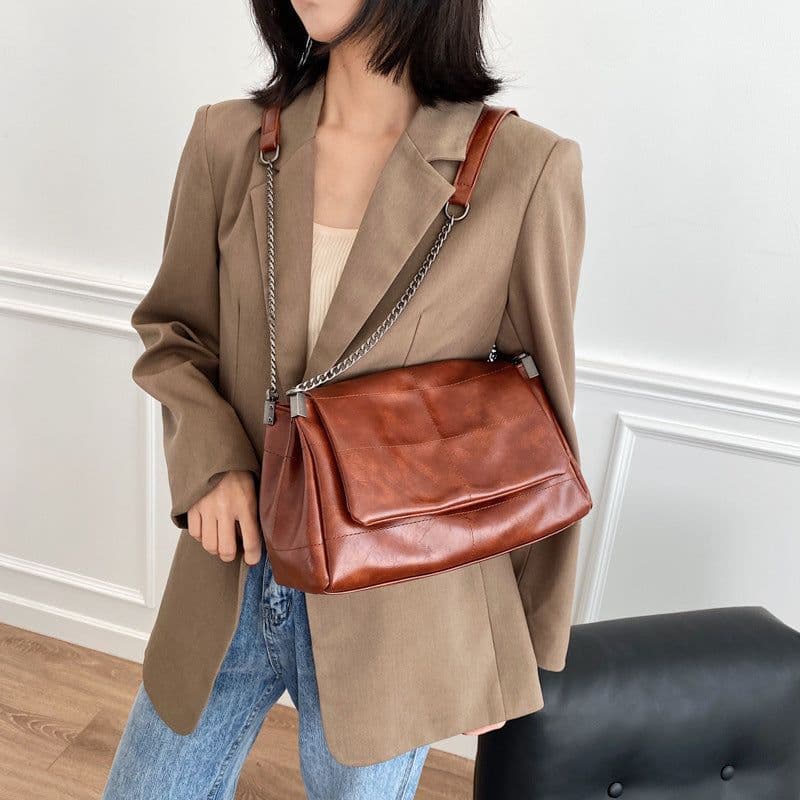 image-PU Leather Small Square Shoulder Bag - Beige Chain
