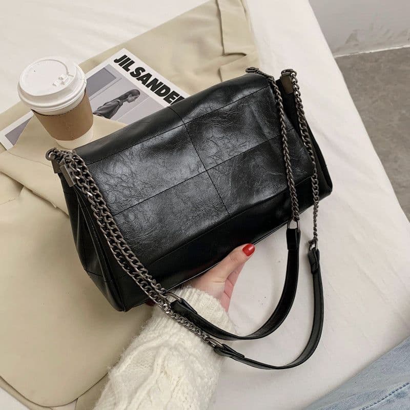 image-PU Leather Small Square Shoulder Bag - Beige Chain