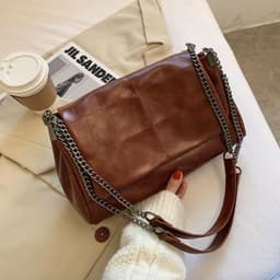 image-PU Leather Small Square Shoulder Bag - Beige Chain