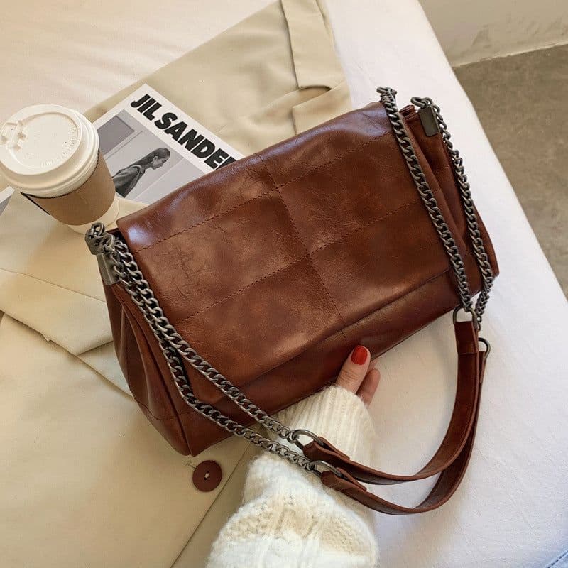image-PU Leather Small Square Shoulder Bag - Beige Chain
