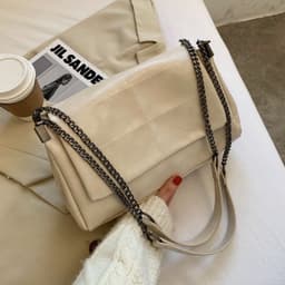 image-PU Leather Small Square Shoulder Bag - Beige Chain
