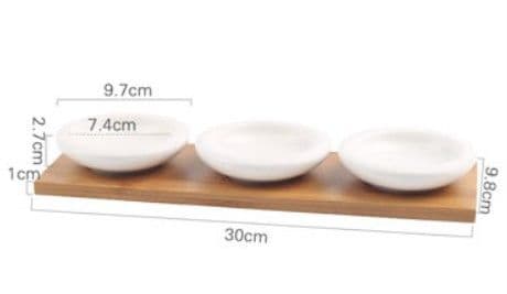 image-Ceramic Divided Serving Dish with Wooden Tray - Porcelain Bowl