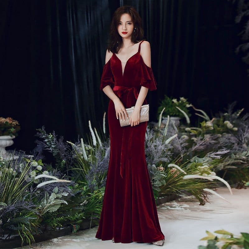 image-Evening Burgundy Fishtail Skirt 2023 Long Wedding Dress