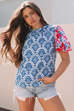 image-Blue Floral Western Print Blouse with Puff Sleeves - Chic Frilled Neck