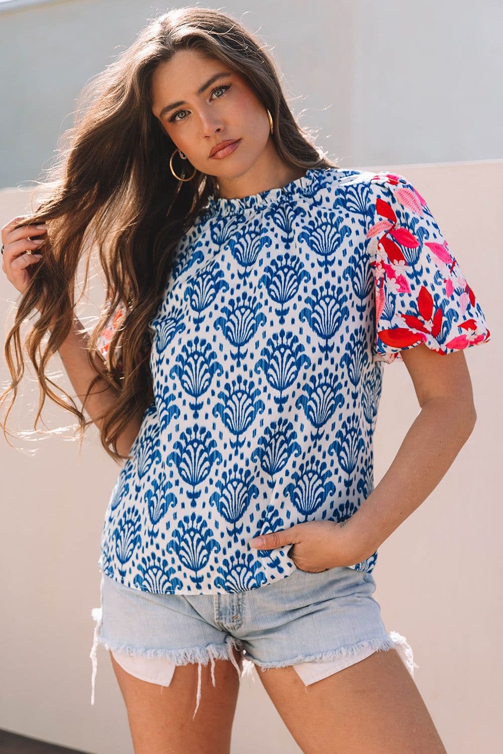 image-Blue Floral Western Print Blouse with Puff Sleeves - Chic Frilled Neck