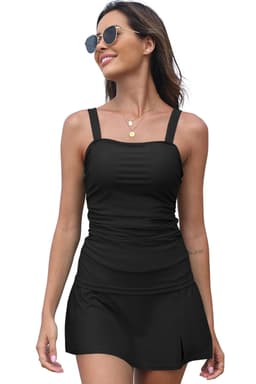 image-Black Solid Square Neck Sleeveless Tankini Swimsuit