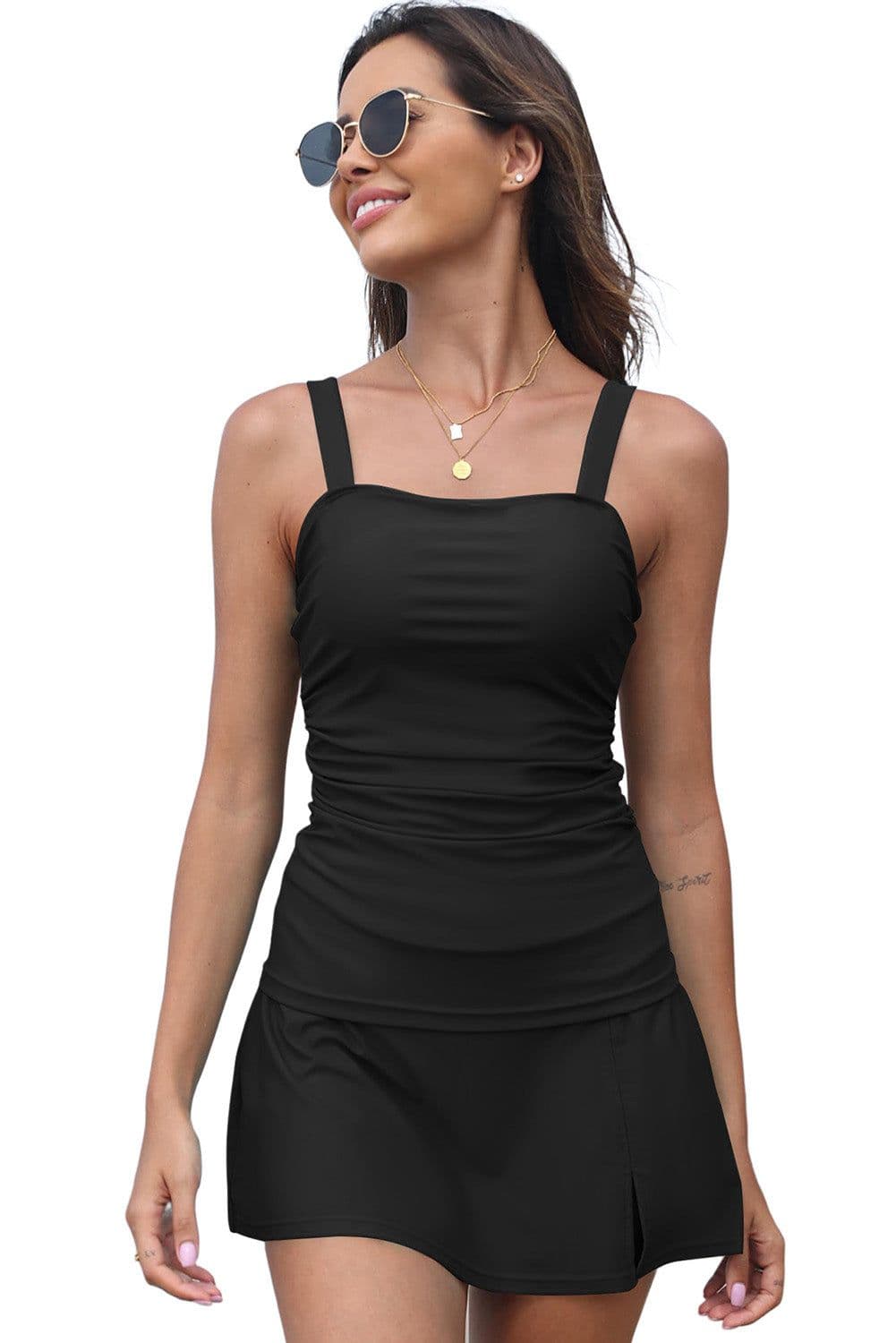image-Black Solid Square Neck Sleeveless Tankini Swimsuit