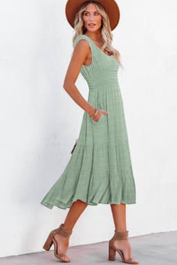image-Rose Shirred Pleated Square Neck Sleeveless Midi Dress