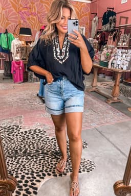 image-Black Dolman Half Sleeve Leopard Patchwork V Neck Blouse