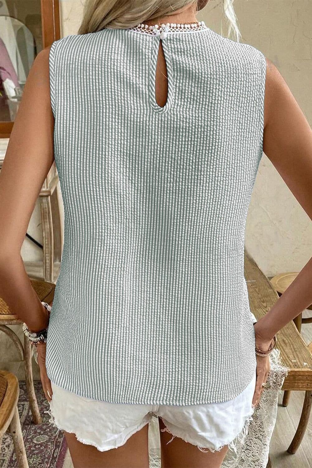 image-Sky Blue Stripe Lace Tank Top Crew Neck