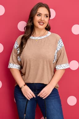 image-Chestnut Animal Color Block Patchwork Plus Size Tee