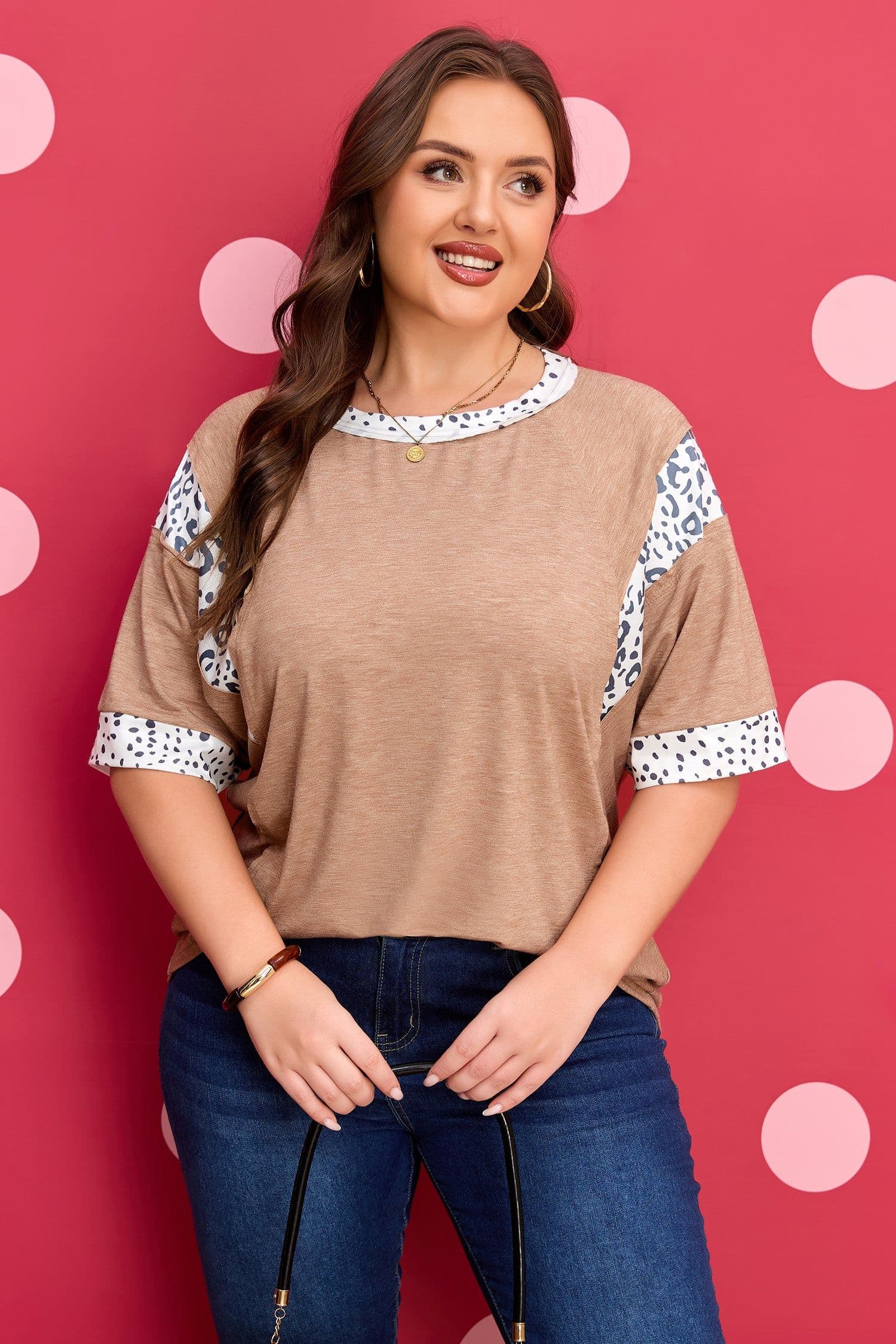image-Chestnut Animal Color Block Patchwork Plus Size Tee