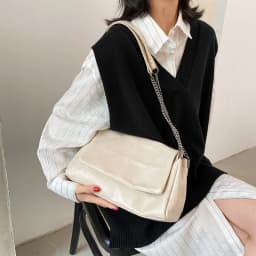 image-PU Leather Small Square Shoulder Bag - Beige Chain
