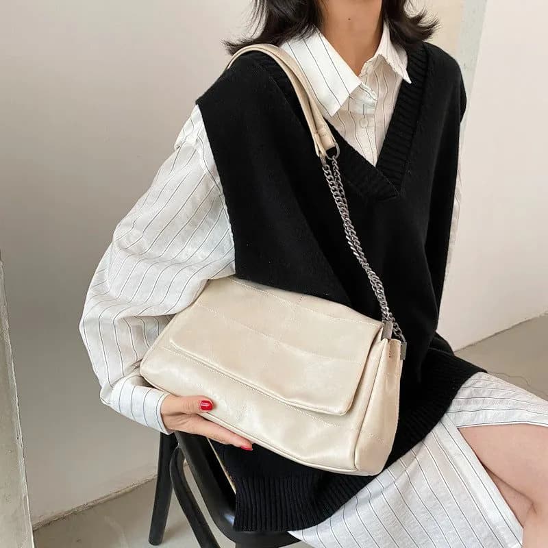 image-PU Leather Small Square Shoulder Bag - Beige Chain