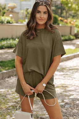 image-Orange Ribbed Textured Knit Loose Fit Tee and Shorts Set