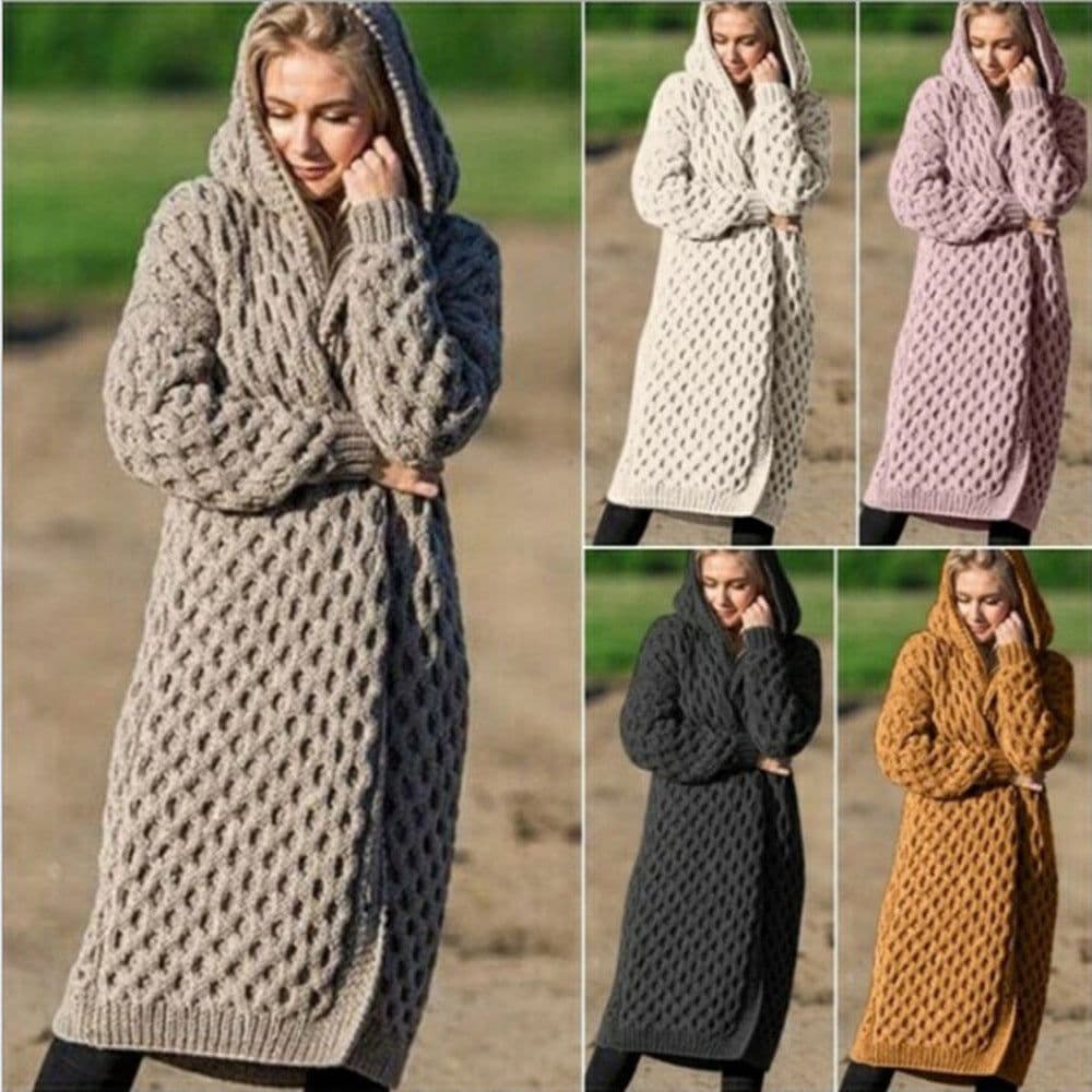 image-Womens Long Knitted Hooded Cardigan Coat