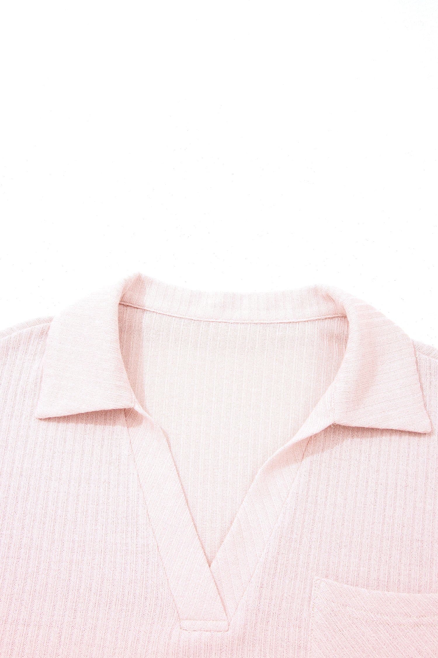 image-Light Pink Collared V Neck Ribbed Tee