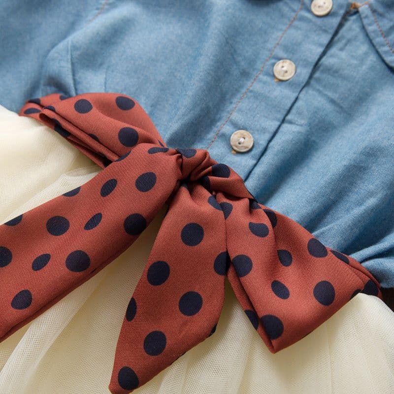 image-Girls Long-Sleeve Denim Dress with Polka Dot Belt