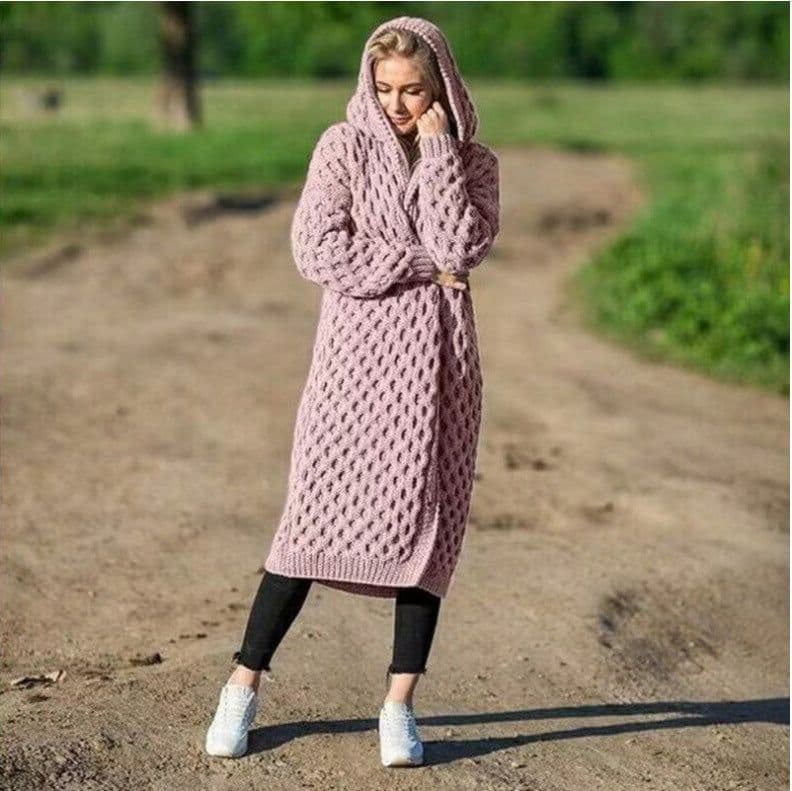 image-Womens Long Knitted Hooded Cardigan Coat