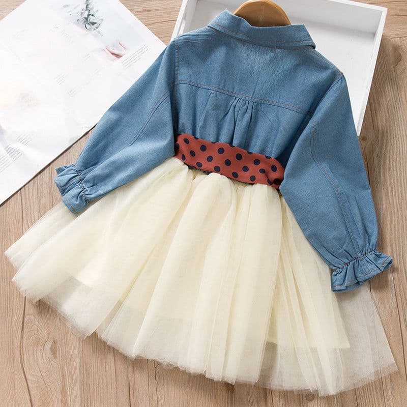 image-Girls Long-Sleeve Denim Dress with Polka Dot Belt