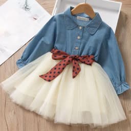 image-Girls Long-Sleeve Denim Dress with Polka Dot Belt