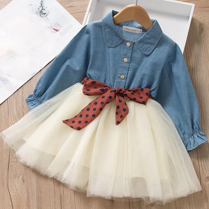 image-Girls Long-Sleeve Denim Dress with Polka Dot Belt