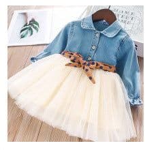 image-Girls Long-Sleeve Denim Dress with Polka Dot Belt