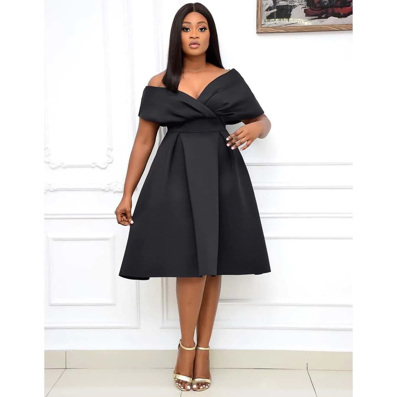 image-Women's V-Neck A-Line Dress - Black XXXL Short Sleeve