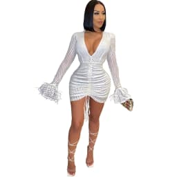image-8785 European and American fall/winter cross-border eBay sequins ostrich fur folds waist V-neck sexy dress women's stock in stock