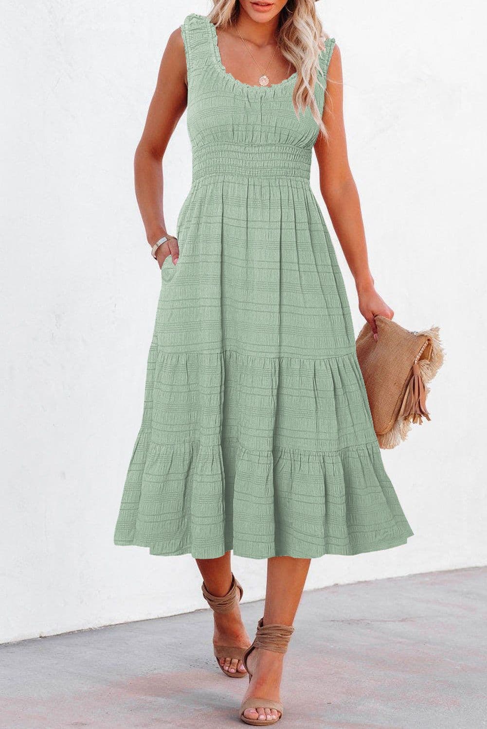 image-Rose Shirred Pleated Square Neck Sleeveless Midi Dress