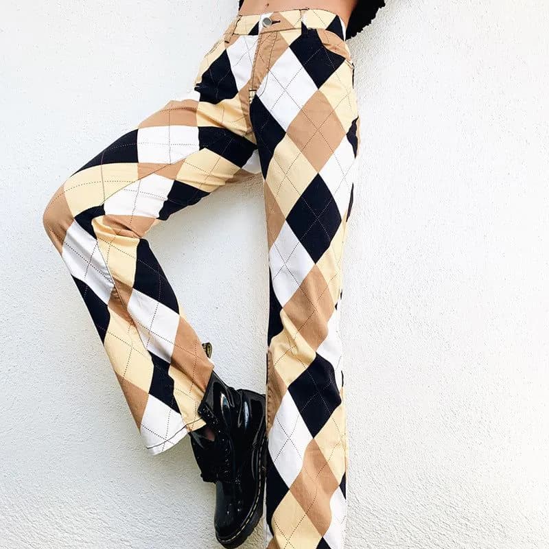 image-Cross-border European and American diamond lattice stitching high-waist straight-leg casual pants women's 2020 autumn trendy brand new one-piece delivery