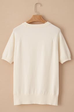 image-Beige Flower Pattern Short Sleeve Knitted Top