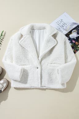 image-Faux Fur Jacket - Beige Lapel Collar Button Pockets