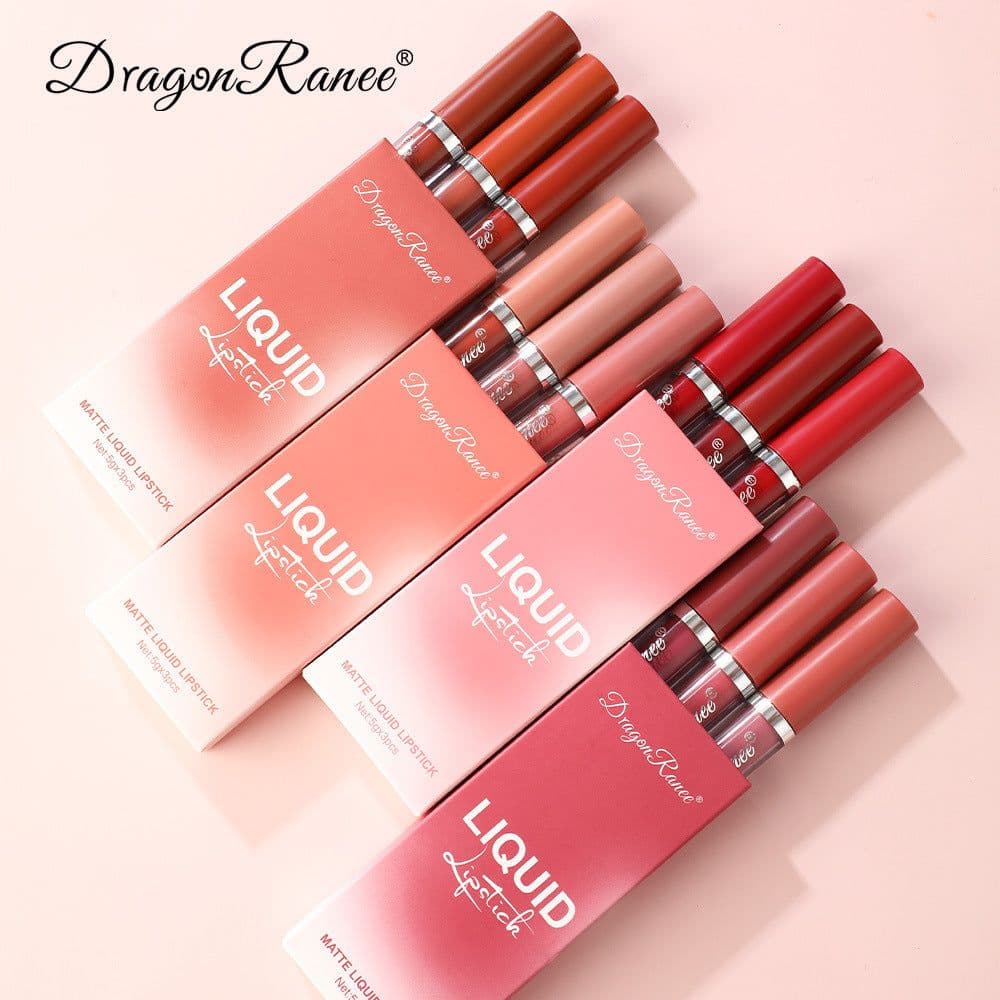 image-Cross-border makeup 3-color matte lip glaze set matte waterproof non-stick cup air velvet lip gloss lipstick set box