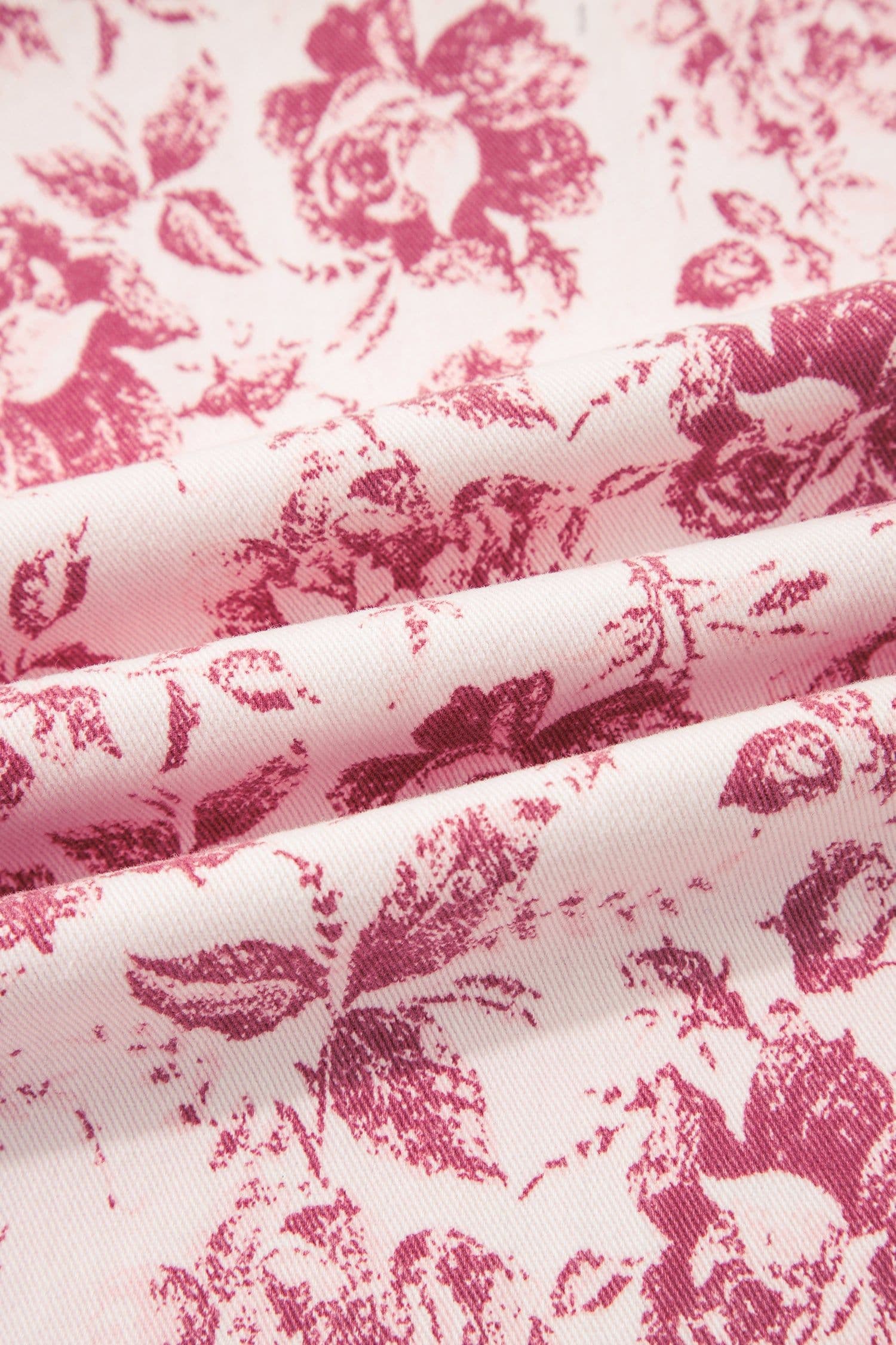 image-Pink Vintage Floral Print Denim Shift Pants