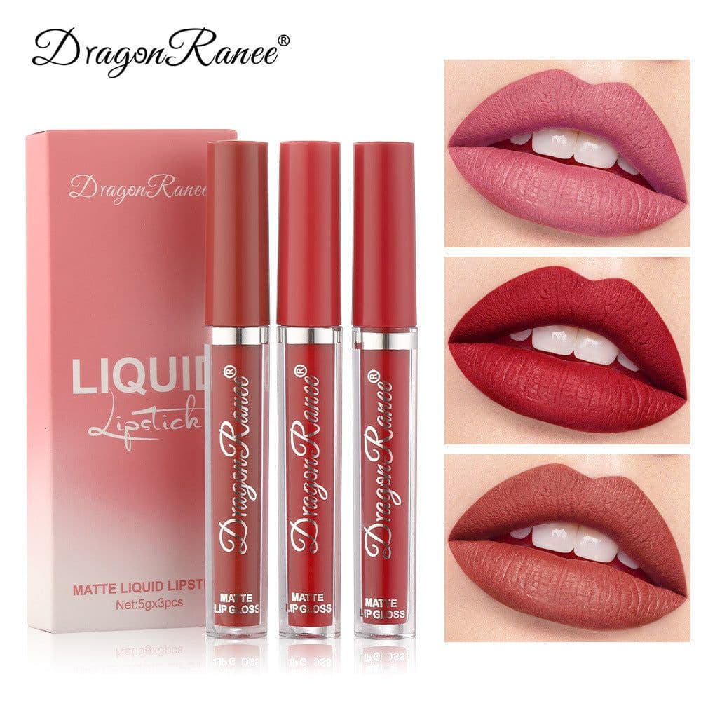 image-Cross-border makeup 3-color matte lip glaze set matte waterproof non-stick cup air velvet lip gloss lipstick set box