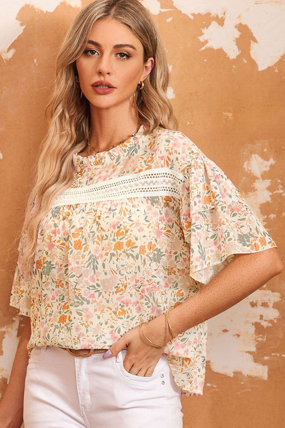 image-Floral Print Wide Ruffle Sleeves Blouse - Multicolor, Size S-XL
