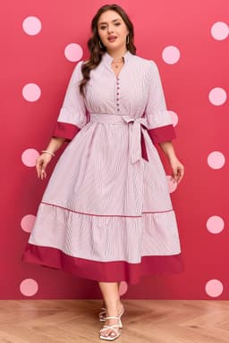 image-Red Stripe Plus Size Ruffled Hem Midi Dress