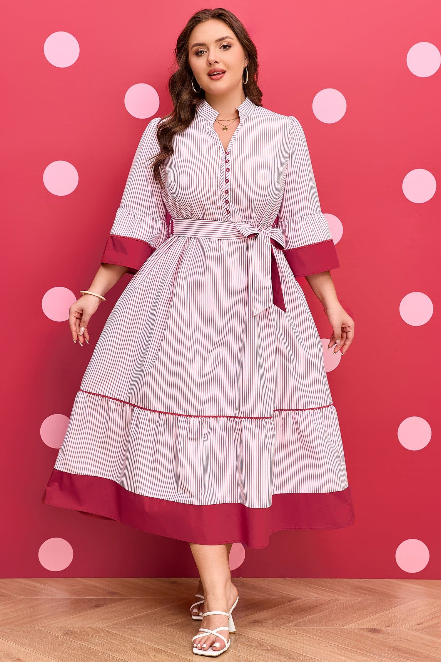 image-Red Stripe Plus Size Ruffled Hem Midi Dress