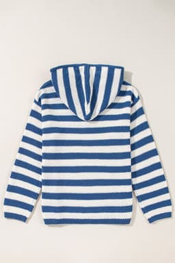 image-Blue Stripe V Neck Hooded Sweater with Pocket
